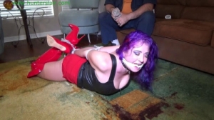 Brutally hogtied in her shiny red boots [2019,Gia Love,over the knee boots,shiny,tied elbows][Eng]