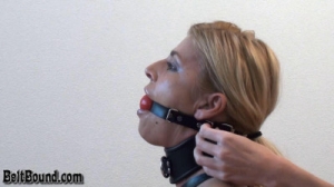 Adrienne in tight gag, chastity belt, and armbinder [2020,BDSM,Rope,torture][Eng]