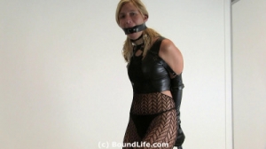 Leather armbinder, catsuit, and ballgag [Eng]