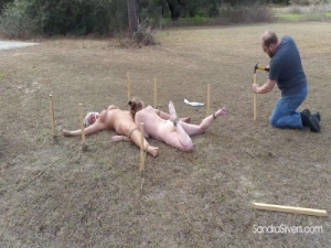 Buxom Nude MILFs Staked out, Spread-Eagle Outdoors for Oral Sex and Struggles! [2021,Rope,Bondage,BDSM][Eng]