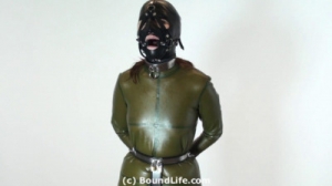 Latex suit, hood, and harness ring gag [Eng]