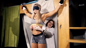 Fitness bikini champion blindfolded therapy – stand up