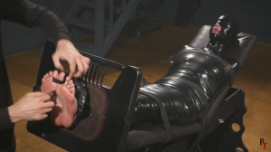 RFStudioProduction – Brittany in Tight PVC Mummification Part 3 – Foot Tickling in Stocks- mf, Ti...